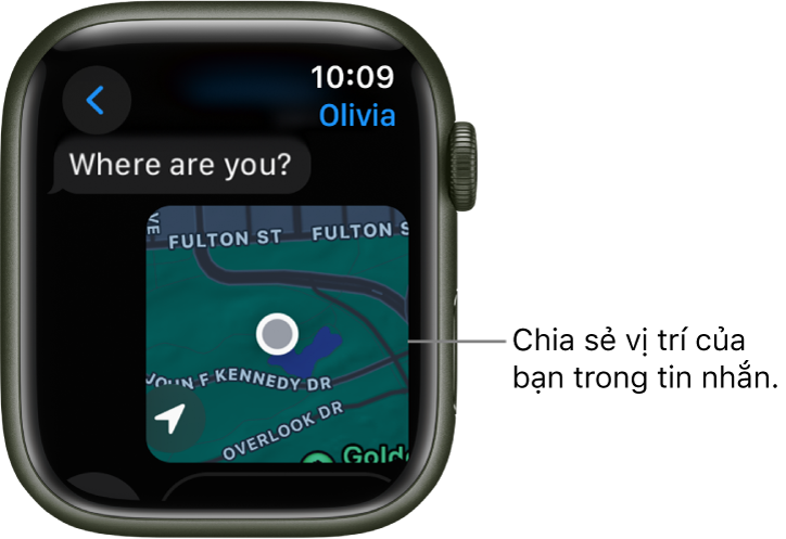 Ứng dụng Tin nhắn đang hiển thị một bản đồ với vị trí được đánh dấu của một người.