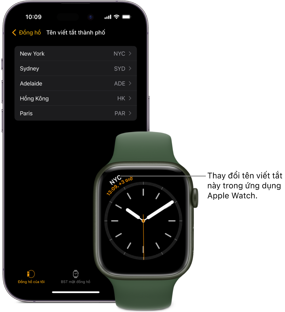 Một iPhone và Apple Watch ở cạnh nhau. Màn hình Apple Watch hiển thị thời gian tại thành phố New York, sử dụng chữ viết tắt NYC. Màn hình iPhone hiển thị danh sách các thành phố trong cài đặt Đồng hồ trong ứng dụng Apple Watch.