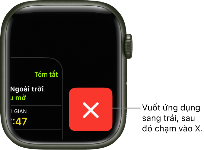 Bộ chuyển đổi ứng dụng đang hiển thị một dấu X lớn ở bên phải và một phần của ứng dụng ở bên trái. Chạm vào dấu X để xóa ứng dụng khỏi Bộ chuyển đổi ứng dụng.