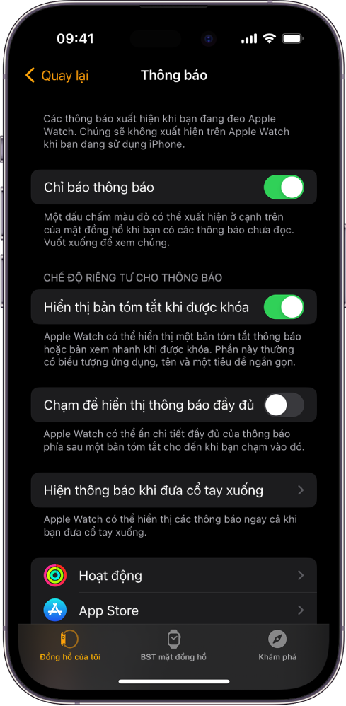 Màn hình Thông báo trên ứng dụng Apple Watch trên iPhone, đang hiển thị các nguồn thông báo.