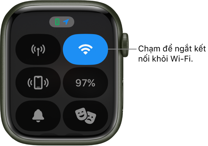 Trung tâm điều khiển trên Apple Watch (GPS + Cellular), với nút Wi-Fi ở trên cùng bên phải. Chú thích có nội dung “Chạm để ngắt kết nối khỏi Wi-Fi”.