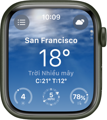 Ứng dụng Thời tiết đang hiển thị một bản tổng quan về thời tiết trong ngày. Tên của vị trí xuất hiện với nhiệt độ hiện tại ở bên dưới. Ba nút ở dưới cùng – Chỉ số UV, Tốc độ gió và Lượng mưa. Nút Danh sách vị trí ở trên cùng bên trái và nút Điều kiện thời tiết trên cùng bên phải.