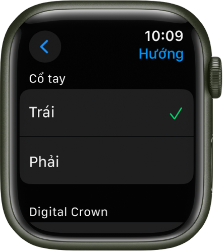 Màn hình Hướng trên Apple Watch. Bạn có thể cài đặt tùy chọn cổ tay và Digital Crown của mình.