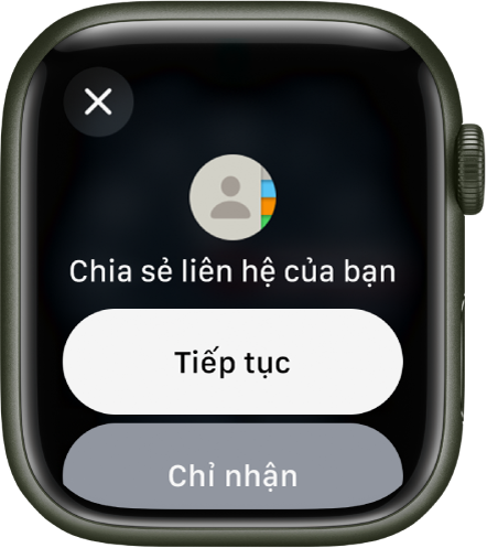 Màn hình NameDrop đang hiển thị hai nút – Tiếp tục, cho phép bạn nhận liên hệ cũng như chia sẻ thông tin của chính bạn và nút Chỉ nhận để chỉ nhận thông tin liên hệ của một người khác.