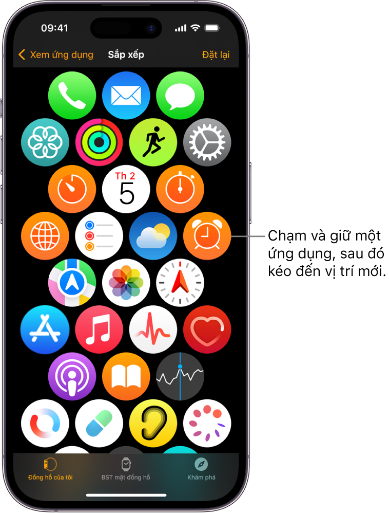 Màn hình Sắp xếp trong ứng dụng Apple Watch đang hiển thị một lưới biểu tượng.