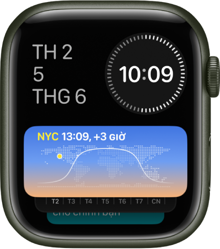 Ngăn xếp thông minh trên Apple Watch đang hiển thị ba tiện ích: Thứ và ngày ở trên cùng bên trái, giờ đồng hồ số ở trên cùng bên phải và Giờ quốc tế ở giữa.