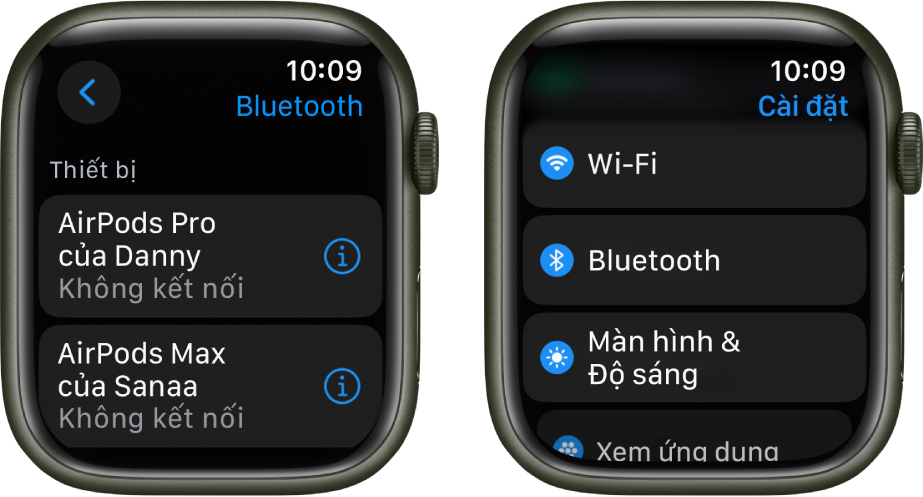 Hai màn hình cạnh nhau. Ở bên trái là một màn hình liệt kê hai thiết bị Bluetooth khả dụng: AirPods Pro và AirPods Max, không thiết bị nào được kết nối. Ở bên phải là màn hình Cài đặt, đang hiển thị các nút Wi-Fi, Bluetooth, Màn hình & Độ sáng và Xem ứng dụng trong một danh sách.