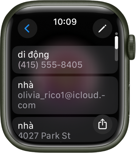 Ứng dụng Danh bạ đang hiển thị các chi tiết liên hệ. Nút Sửa xuất hiện ở trên cùng bên phải. Ba trường xuất hiện ở giữa màn hình – số điện thoại, địa chỉ email và địa chỉ nhà riêng. Một nút Chia sẻ ở dưới cùng bên phải và một nút Quay lại ở trên cùng bên trái.