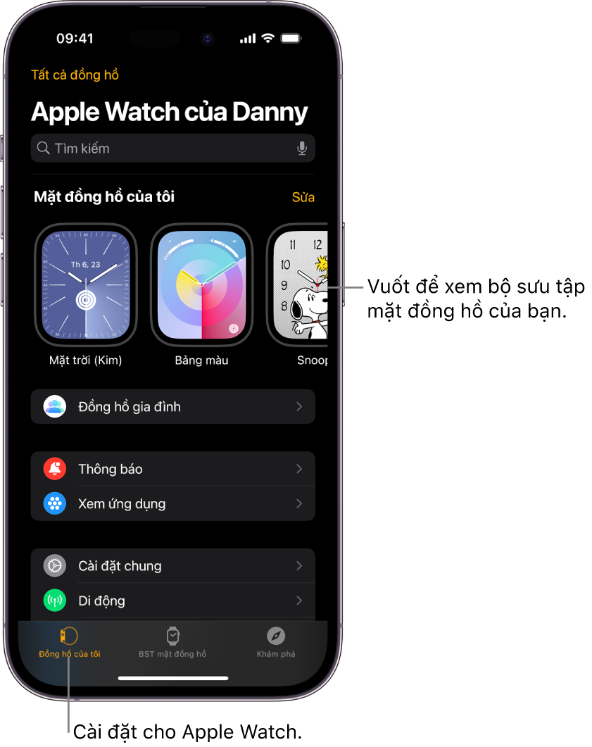 Ứng dụng Apple Watch trên iPhone mở ra màn hình Đồng hồ của tôi, hiển thị các mặt đồng hồ của bạn ở gần trên cùng và các cài đặt ở bên dưới. Có ba tab ở dưới cùng của màn hình ứng dụng Apple Watch: tab bên trái là Đồng hồ của tôi, là nơi dành cho các cài đặt của Apple Watch; tiếp theo là BST mặt đồng hồ, là nơi bạn khám phá các mặt đồng hồ và tổ hợp có sẵn; sau đó là Khám phá, là nơi bạn có thể tìm hiểu thêm về Apple Watch.