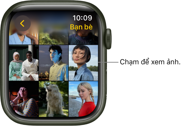 Màn hình chính của ứng dụng Ảnh trên Apple Watch, với một số ảnh được hiển thị trong lưới.