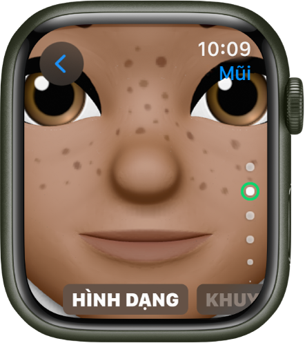Ứng dụng Memoji trên Apple Watch đang hiển thị màn hình sửa Mũi. Một hình ảnh cận cảnh của khuôn mặt, với mũi ở giữa. Từ Hình dạng xuất hiện ở dưới cùng.