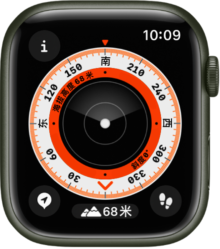 “指南针” App 显示刻度盘，内环中带有海拔高度和斜度。外环显示以度为单位的指南针方位角。左上方显示“信息”按钮，左下方显示“航点”按钮，右下方显示“回溯”按钮。