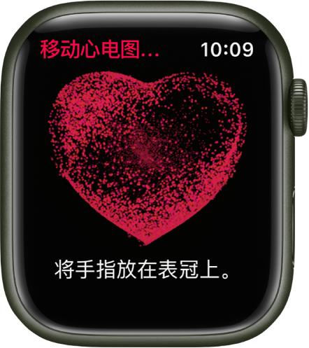 “移动心电图房颤提示软件”显示心脏图像，以及文字“将手指放在表冠上”。