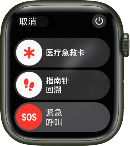 Apple Watch 屏幕显示三个滑块：“医疗急救卡”、“指南针回溯”和“紧急呼叫”。右上方为“电源”按钮。