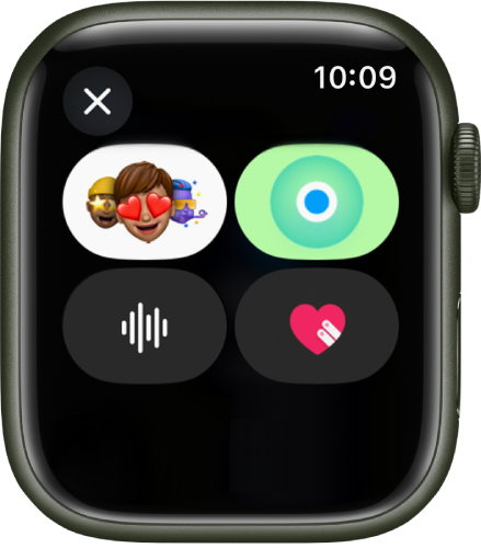 “信息” App 显示信息选项，其中包括拟我表情、位置、GIF、音频和数码点触按钮。