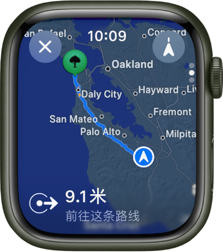“地图” App 显示驾车路线的概览。行程的第一段路线显示在底部。