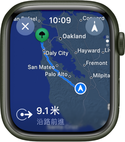 「地圖」App 顯示駕駛路線的概覽。行程的第一段路於底部顯示。