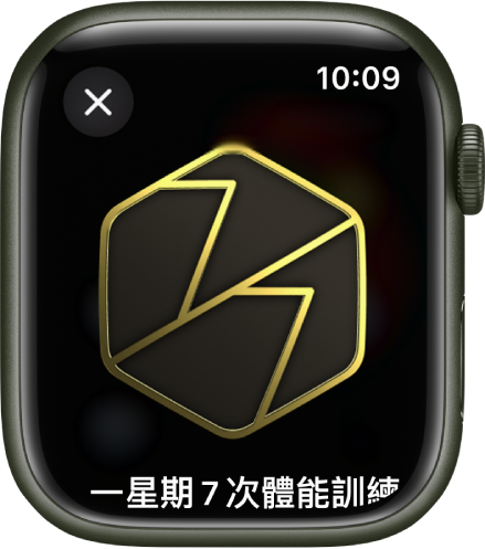 Apple Watch 上顯示的獎章成就。獎章下方是獎章描述。你可以拖移以旋轉獎章。