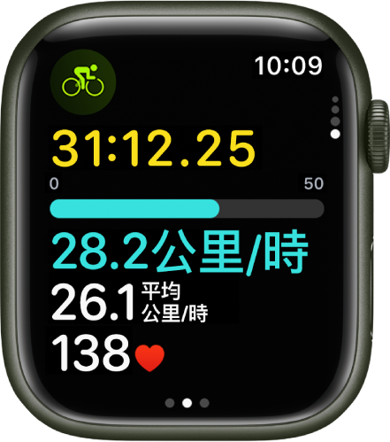 進行中的單車體能訓練顯示體能訓練已進行的時間、速度、平均速度和心率。