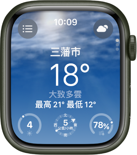 「天氣」App 顯示當日天氣的概覽。畫面顯示位置名稱，下面是目前的氣溫。底部有三個按鈕：「紫外線指數」、「風速」和「降水」。「位置列表」按鈕位於左上方，「天氣概況」按鈕位於右上方。