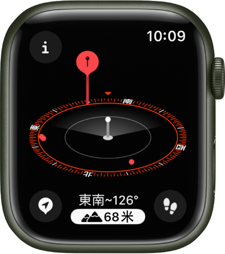 「指南針」App 顯示 3D 的高度顯示方式。系統以白色柱狀圖形標記目前位置，其位於有角度的指南針儀表盤中央。一個較長的柱狀圖形上的紅色大頭針標記一個遙遠的航點。