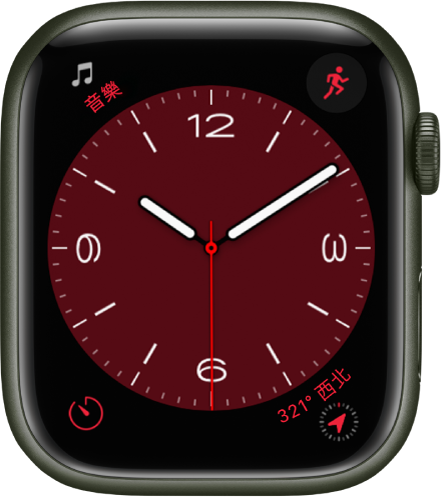 「大都會」錶面，你可以在此錶面轉動數碼錶冠來更改該類型的外觀。此錶面顯示四個複雜功能：「音樂」位於左上方、「體能訓練」位於右上方、「計時器」位於左下方，以及「指南針」位於右下方。