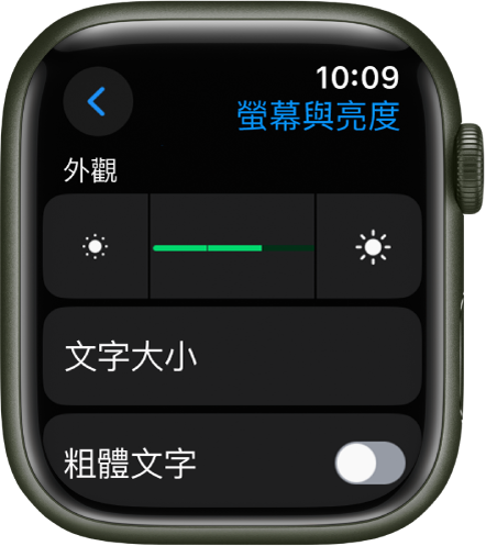 Apple Watch 上的「螢幕與亮度」設定，其中「亮度」滑桿位於最上方，「文字大小」按鈕則位於下方。