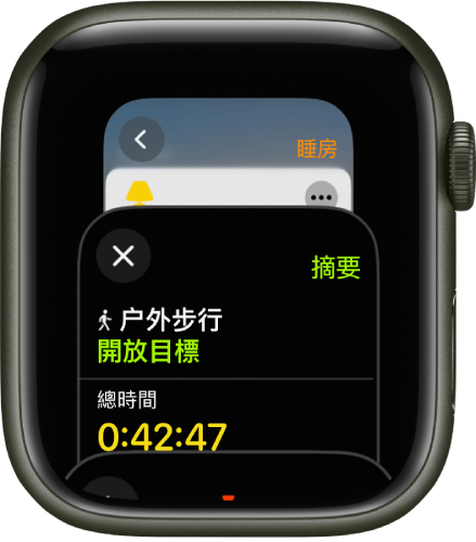 「App 切換器」顯示「體能訓練」App。轉動數碼錶冠來查看更多 App。點一下來開啟 App。