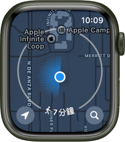 「地圖」App 顯示七分鐘的步行半徑。