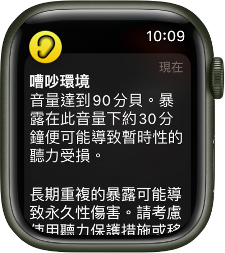 Apple Watch 顯示一項「噪音」通知。與通知相關聯的 App 圖像會顯示在左上角。你可以點一下圖像以開啟 App。