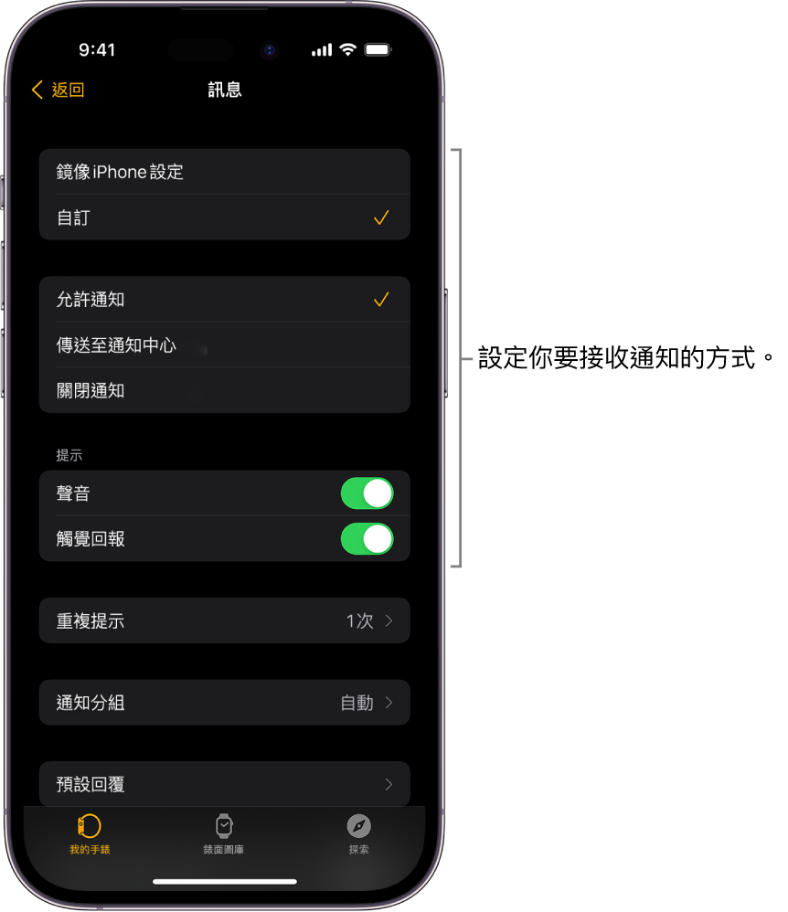 iPhone 上 Apple Watch App 中的「訊息」設定。你可以選擇是否顯示提示、開啟聲音、開啟觸覺回報，以及重複提示。