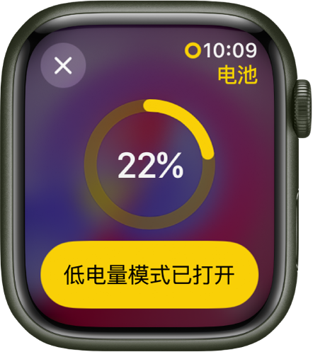 低电量模式屏幕包含不完整的黄色圆环，表示剩余电量。圆环中心显示 22%。“低电量模式已打开”按钮位于底部。左上方是“关闭”按钮。