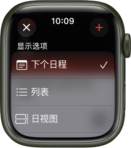 “日历”屏幕显示了“显示选项”：“下个日程”、“列表”和“日视图”。右上方为“添加”按钮。