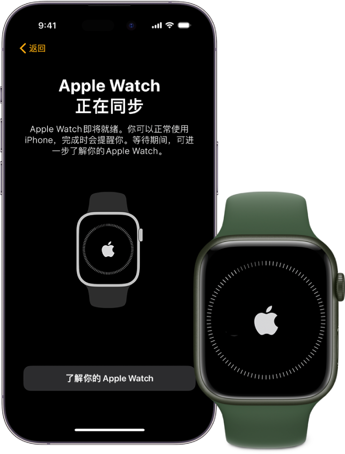 iPhone 和 Apple Watch 显示同步屏幕。