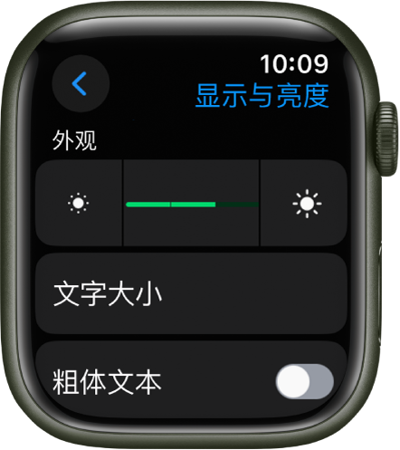 Apple Watch 上的“显示与亮度”设置，顶部是“亮度”滑块，下方是“文字大小”按钮。