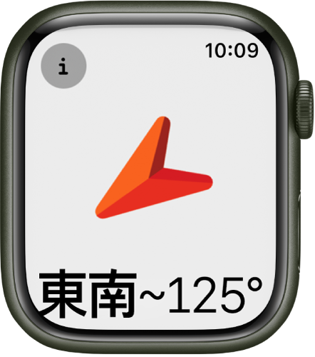 「指南針」App 顯示一個大箭頭，指向下方出現的航向方向。「資訊」按鈕位於左上角。