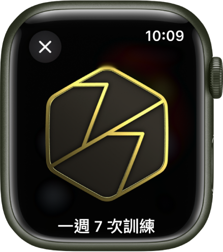 Apple Watch 上顯示獎章成就。獎章下方是獎章的描述。你可以拖移來旋轉獎章。