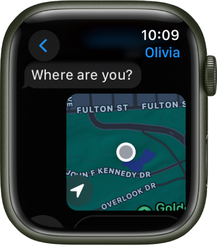 「訊息」App 顯示已共享位置的地圖。