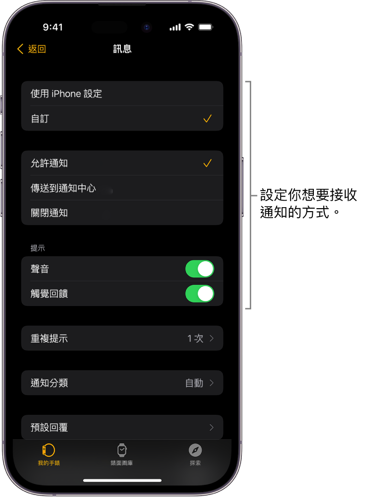 iPhone 上 Apple Watch App 中的「訊息」設定。你可以選擇是否要顯示提示、開啟聲音、開啟觸覺回饋，以及重複提示。