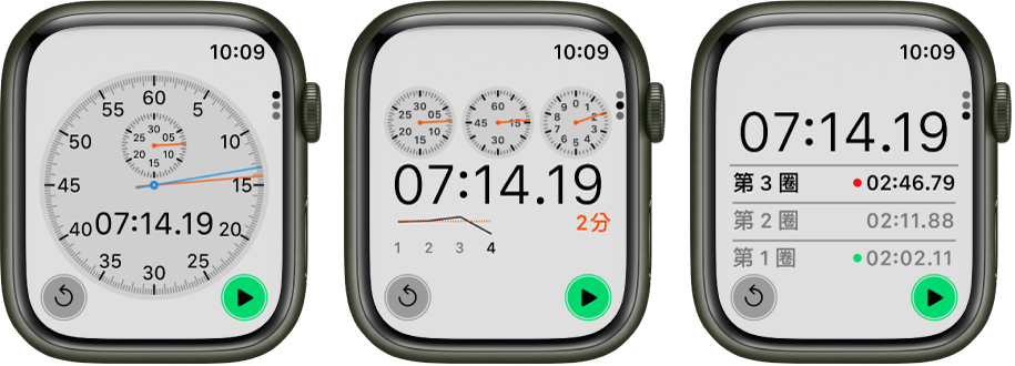 「碼錶」App 中的三種碼錶：指針碼錶，以指針和數位形式顯示時間的混合碼錶以及帶有計圈器的數位碼錶。每個手錶都有開始和重置按鈕。