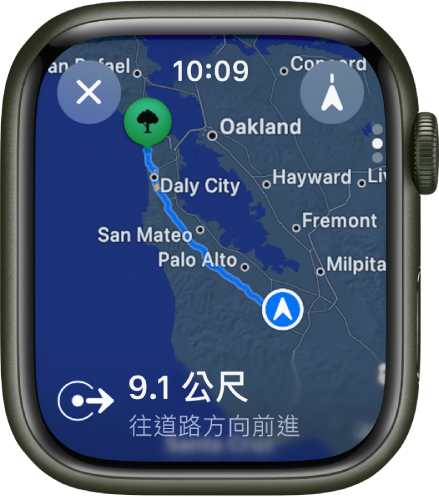 「地圖」App 顯示行車路線的概覽。旅程的第一段顯示在底部。