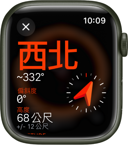 顯示資訊畫面的「指南針」App。方位顯示在中間左側，帶有指南針方位（西北）和度數（332 度）。目前的傾斜度和高度如下所示。指南針指示符號位於右側。關閉按鈕位於左上角。