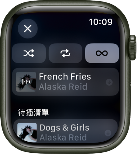 曲目列表視窗最上方顯示「隨機播放」、「重複」和「自動播放」按鈕，下方直接顯示一首歌曲。底部附近的「待播清單」下方顯示另一首歌曲。「關閉」按鈕位於左上角。