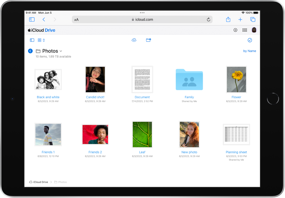 iCloud Drive er åbent på iCloud.com på en iPad og indeholder en mappe med titlen Skrivebord, som indeholder fotos og præsentationer.