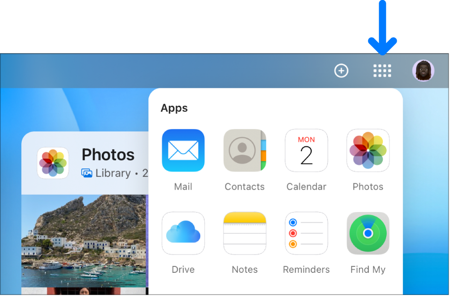 On the iCloud homepage, the App Launcher is open and shows the following apps: Mail, Calendar, Photos, Drive, Notes, Reminders, and Find My.
