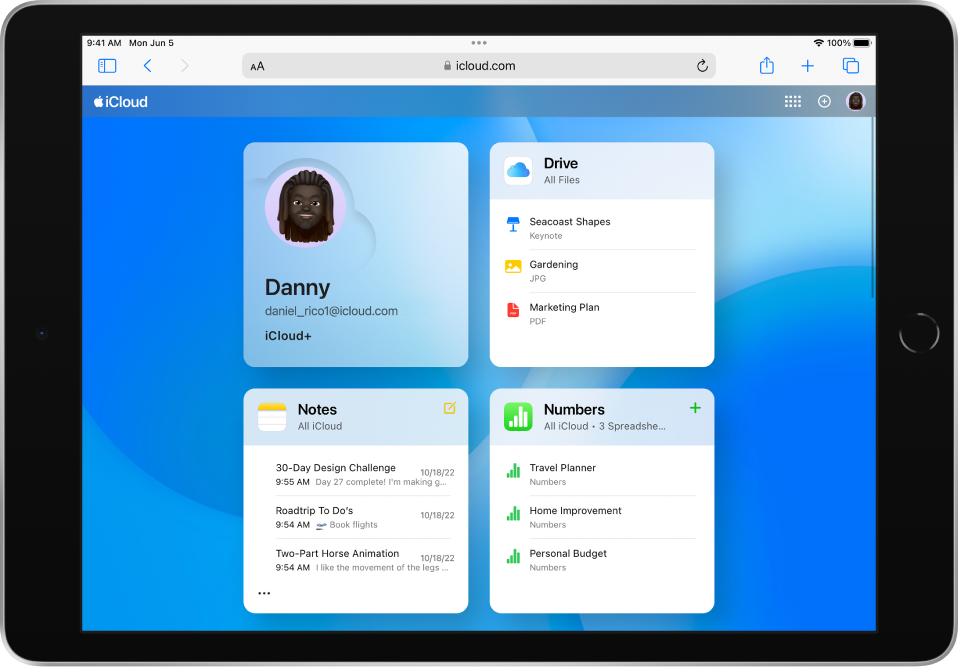 Az iCloud.com kezdőoldala egy iPaden.