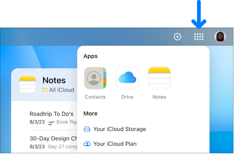 Na página inicial de iCloud.com, a funcionalidade App Launcher (Iniciador de apps) está aberta e apresenta as apps iCloud Drive e Notas.