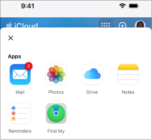 Sur la page d’accueil iCloud, le Lanceur d’apps est ouvert et affiche les apps suivantes : Mail, Photos, iCloud Drive, Notes, Rappels et Localiser.