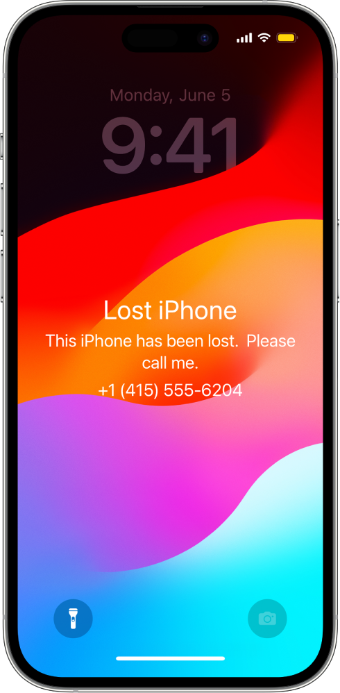 Un ecran de blocare iPhone cu mesajul: „iPhone pierdut. Acest iPhone a fost pierdut. Sunați-mă. (669) 555-3691.”