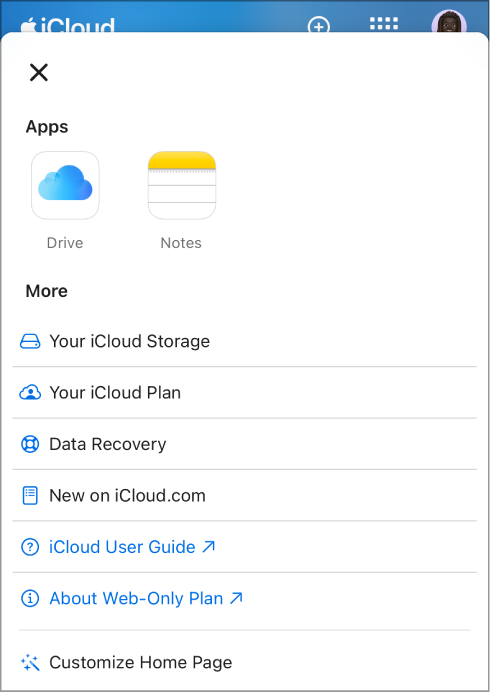 iCloud 홈페이지에서 앱 런처가 열리고 iCloud Drive 및 메모 앱, 나의 iCloud 저장 공간, 나의 iCloud 요금제, 데이터 복구의 추가 옵션이 표시됩니다.